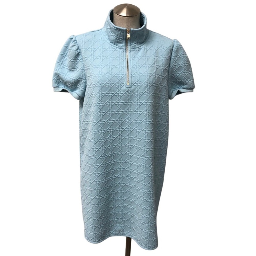 SSYS The Label Dress Womens Medium Light Blue Textured Puff Sleeve Quarter Zip